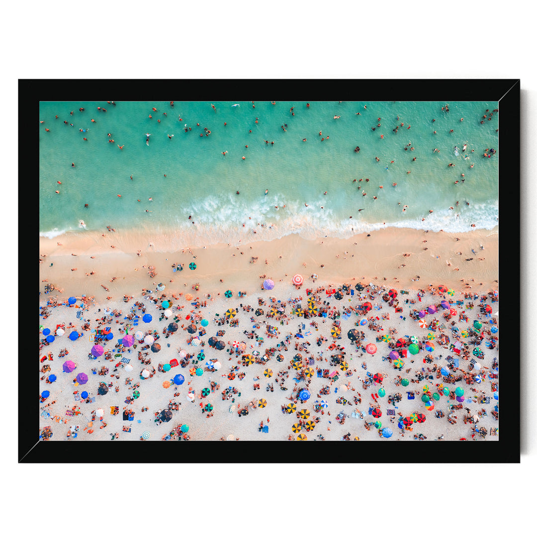 Beach Umbrellas from Above, Ipanema, Rio de Janeiro, Brazil print in a black frame without mat