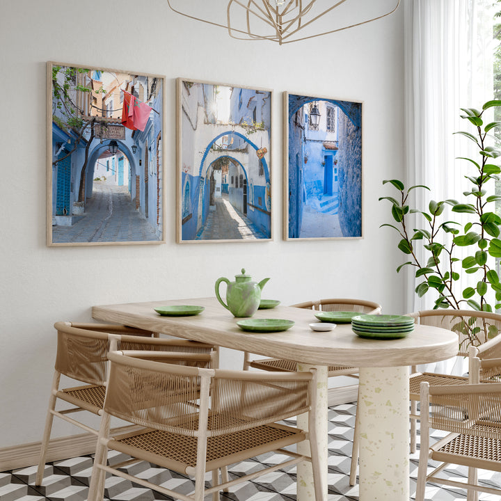 Blue City of Chefchaouen, Morocco print set of 3 gallery wall styled above a sofa