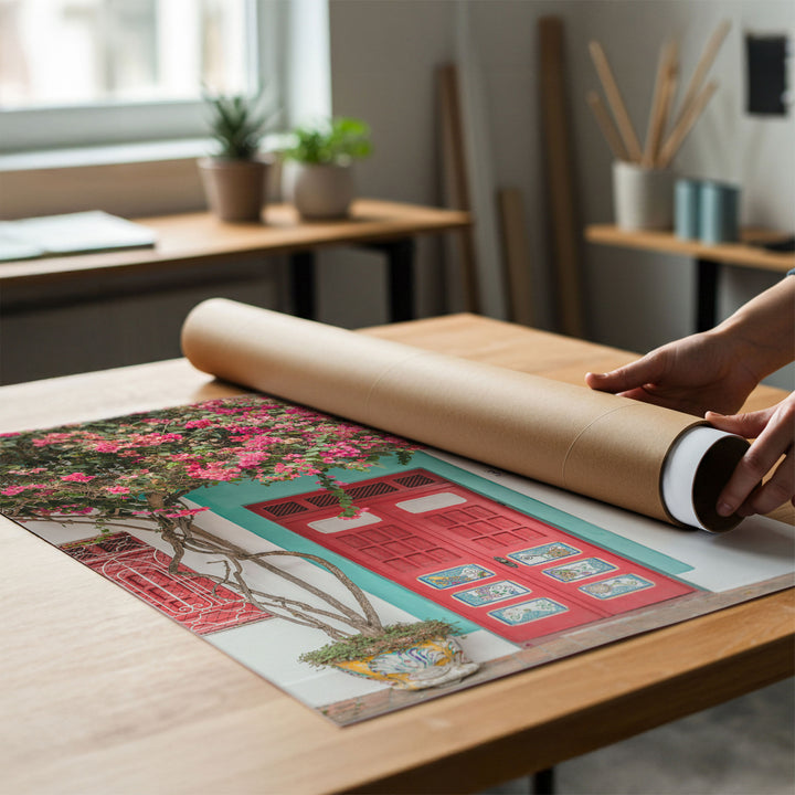 Bougainvillea and Red Door, Olinda, Brazil rolled poster print mockup