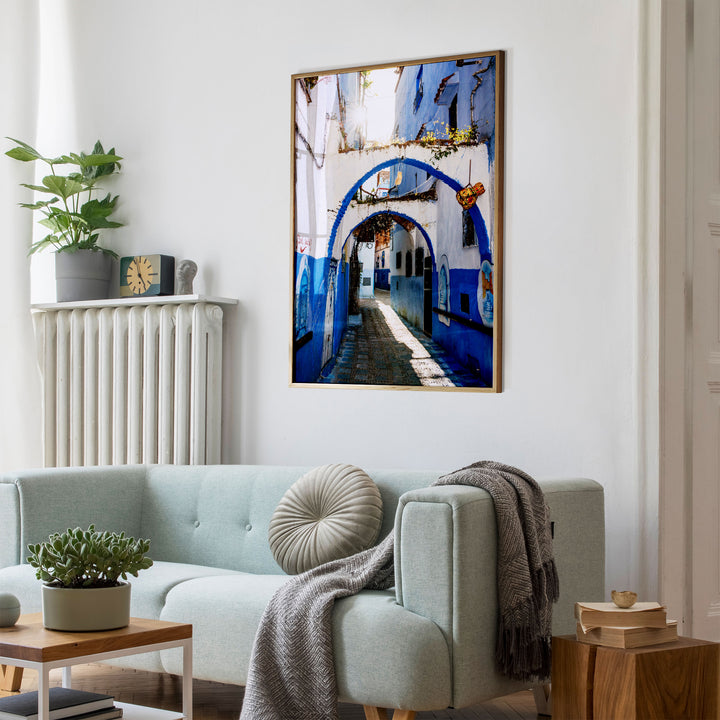 Blue Archways, Chefchaouen, Morocco wall art mockup in an interior