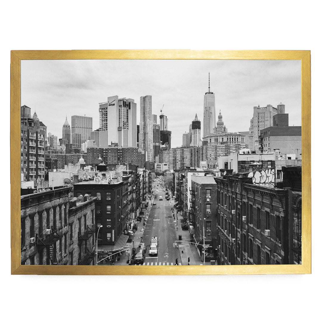 Lower Manhattan Street View, New York City – B&amp;W print in a gold frame without mat