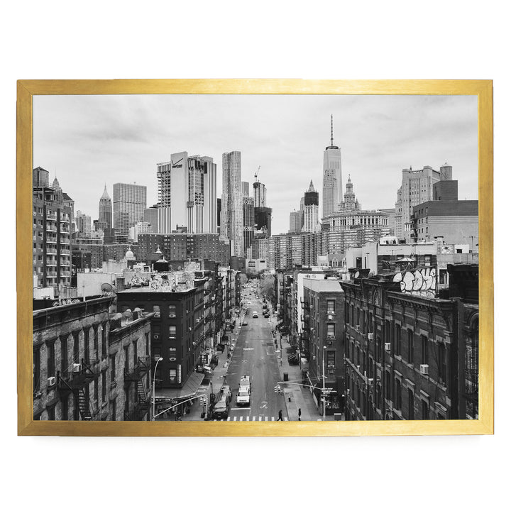 Lower Manhattan Street View, New York City – B&amp;W print in a gold frame without mat