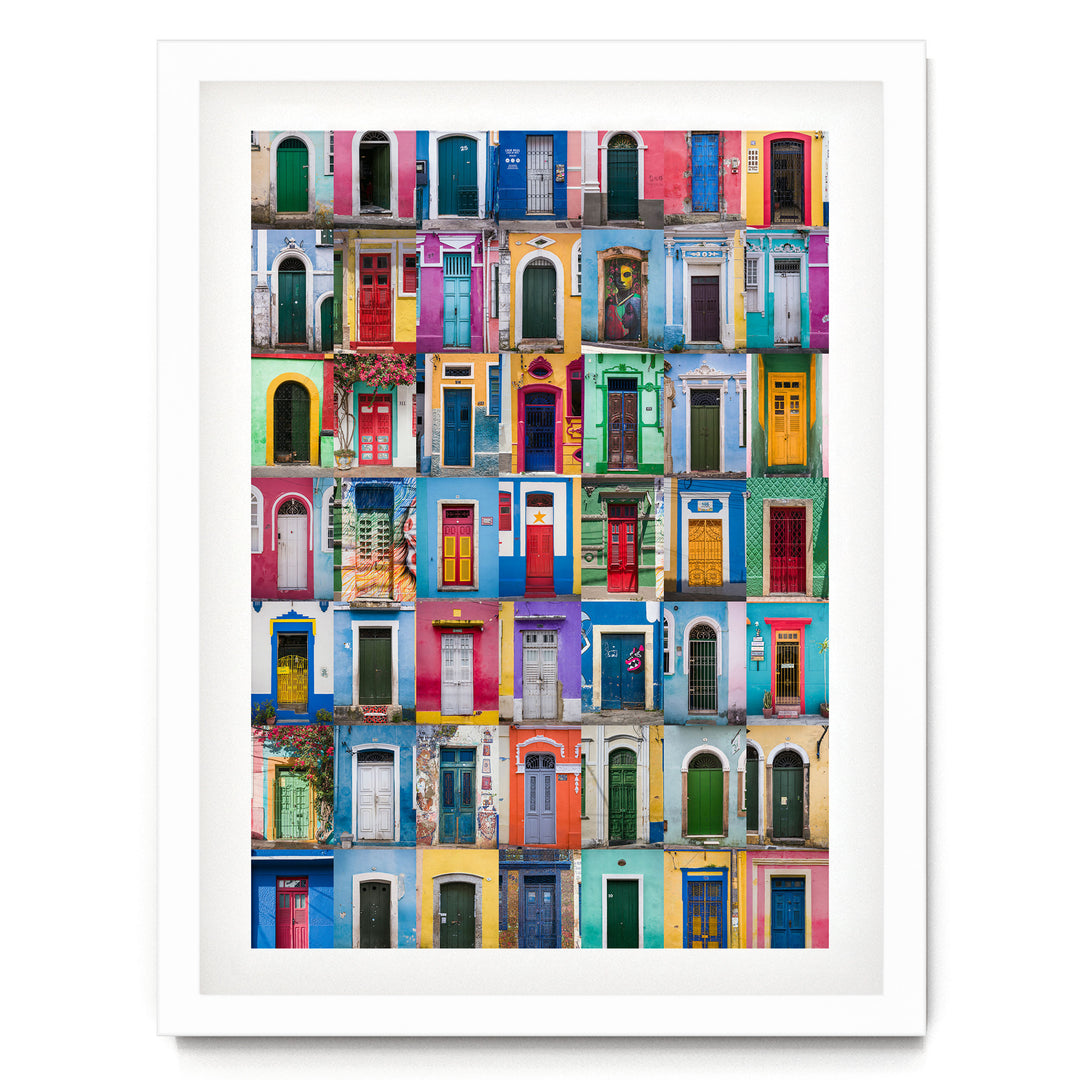 Colorful Doors of Brazil III print in a white frame with white mat