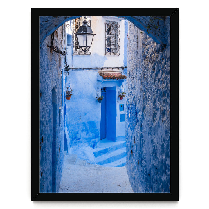Blue Alley with Lantern, Chefchaouen, Morocco print in a black frame without mat