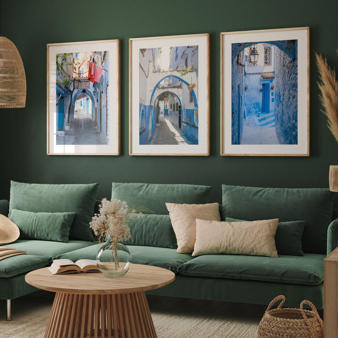 Blue City of Chefchaouen, Morocco print set of 3 gallery wall in a home interior