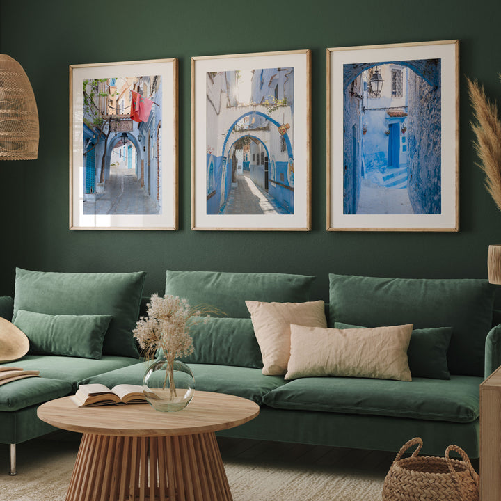 Blue City of Chefchaouen, Morocco print set of 3 gallery wall in a home interior