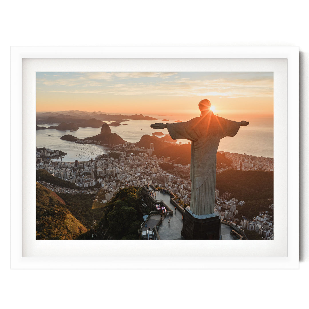 Christ the Redeemer at Sunrise, Rio de Janeiro, Brazil print in a white frame with white mat