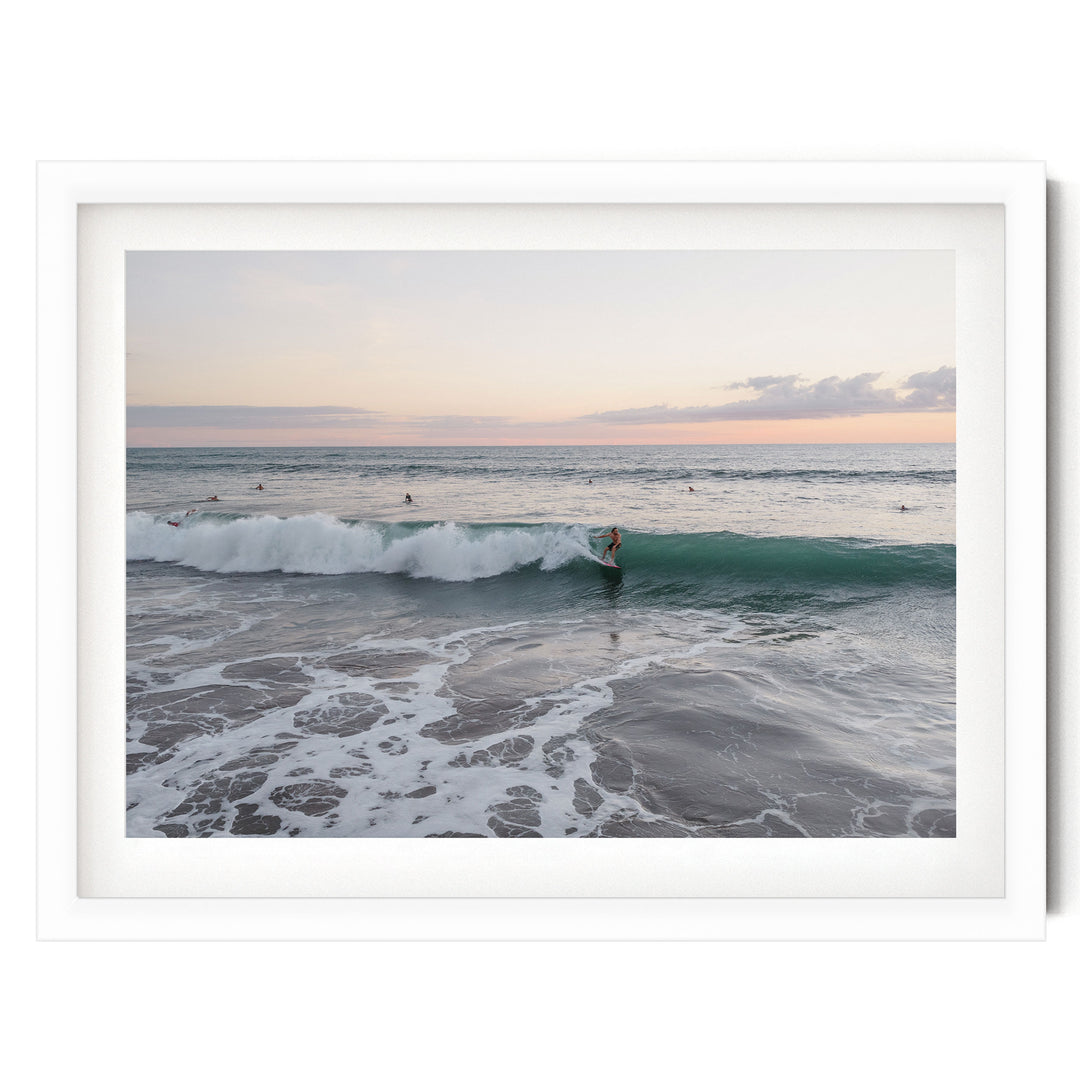 Riding the Wave at Sunset II, Costa Rica print in a white frame with white mat