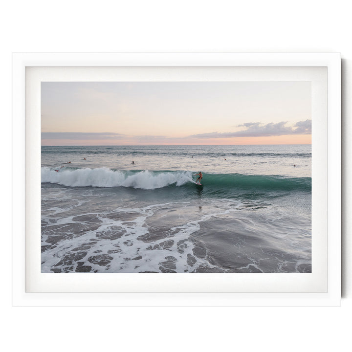 Riding the Wave at Sunset II, Costa Rica print in a white frame with white mat