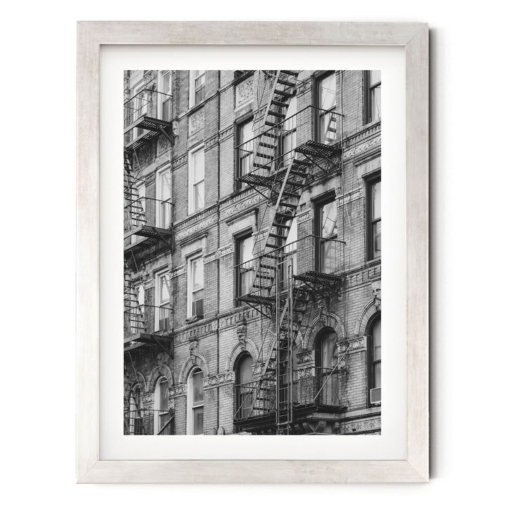 Fire Escapes, New York City – B&amp;W print in a silver frame with white mat
