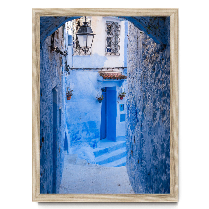 Blue Alley with Lantern, Chefchaouen, Morocco print in a natural wood frame without mat