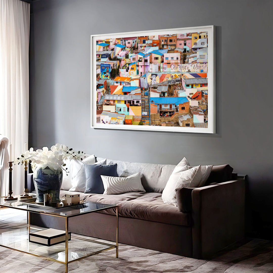 Colorful Hillside Houses, La Paz, Bolivia print displayed in a bedroom setting