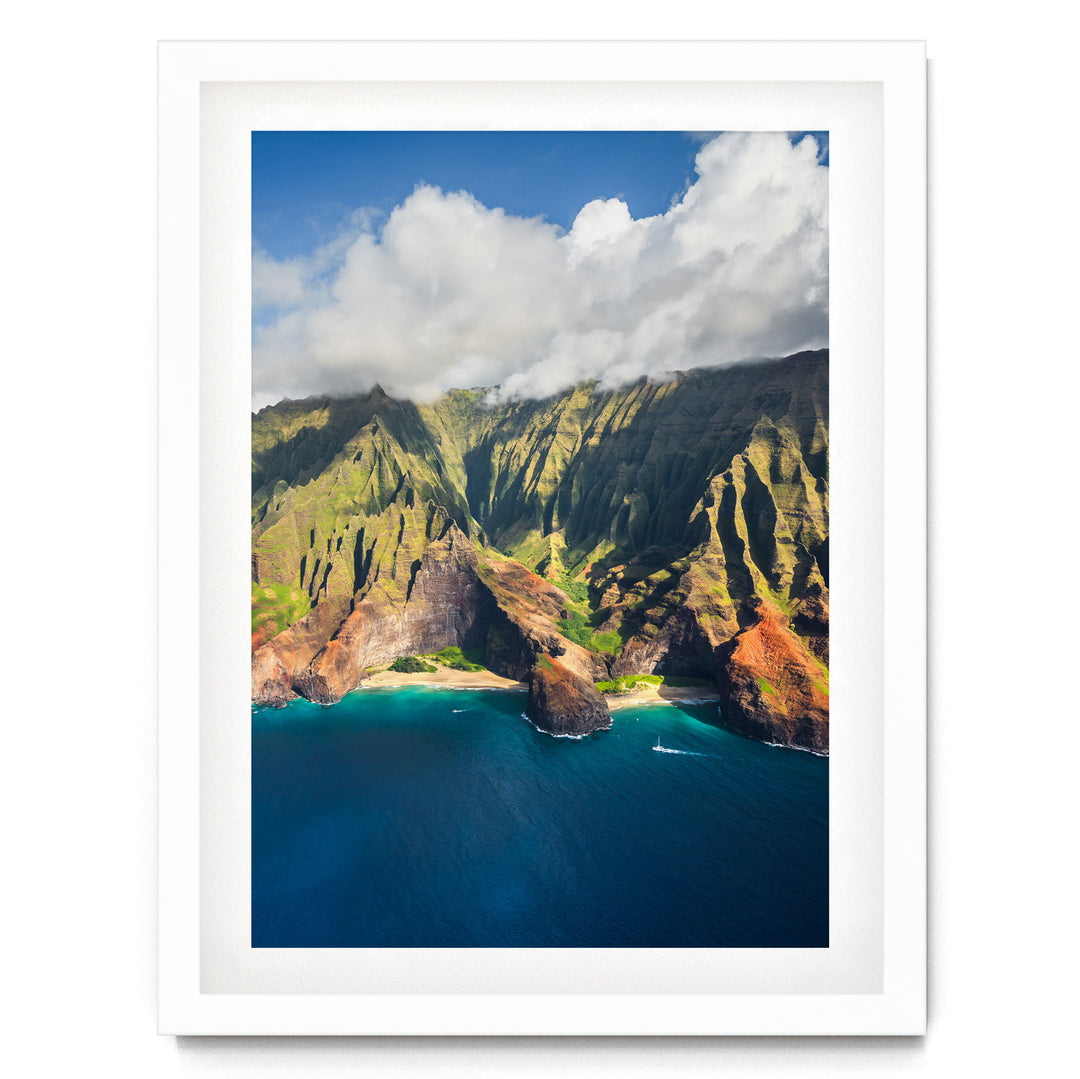 Kauai Cliffs II, Na Pali Coast, Hawaii print in a white frame with white mat