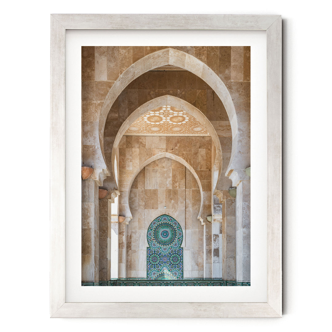 Mosaic Archway, Hassan II Mosque, Casablanca print in a silver frame with white mat
