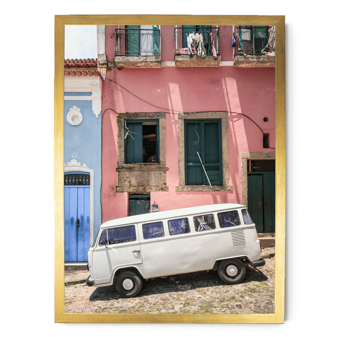 White Kombi Van, Pelourinho, Salvador, Brazil print in a gold frame without mat