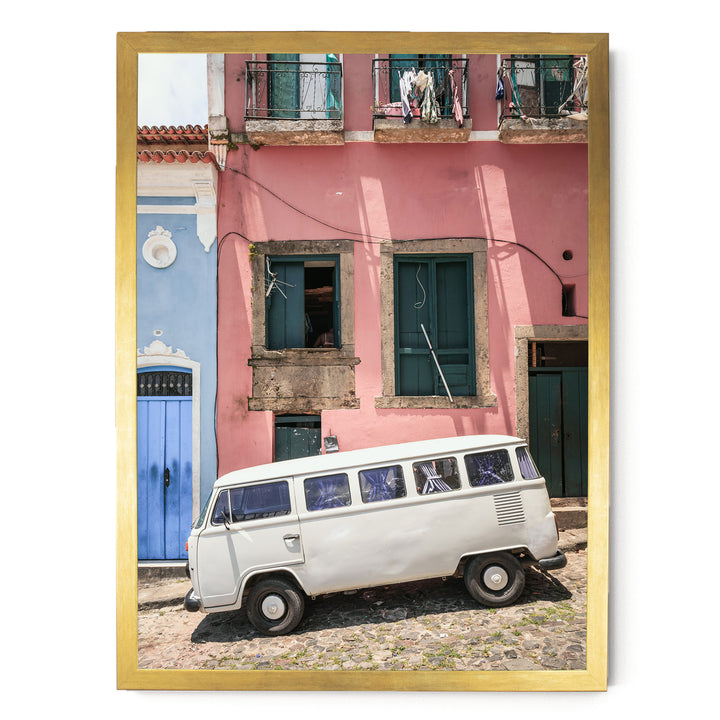 White Kombi Van, Pelourinho, Salvador, Brazil print in a gold frame without mat