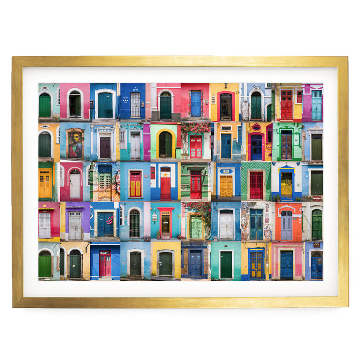 Colorful Doors of Brazil IV print in a gold frame with white mat