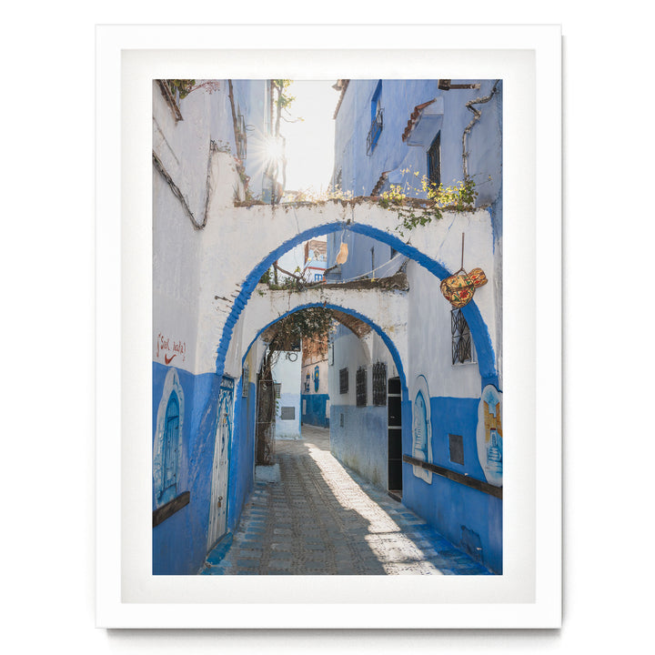 Blue Archways, Chefchaouen, Morocco print in a white frame with white mat
