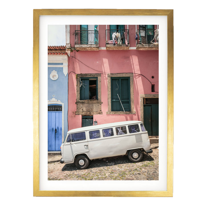 White Kombi Van, Pelourinho, Salvador, Brazil print in a gold frame with white mat