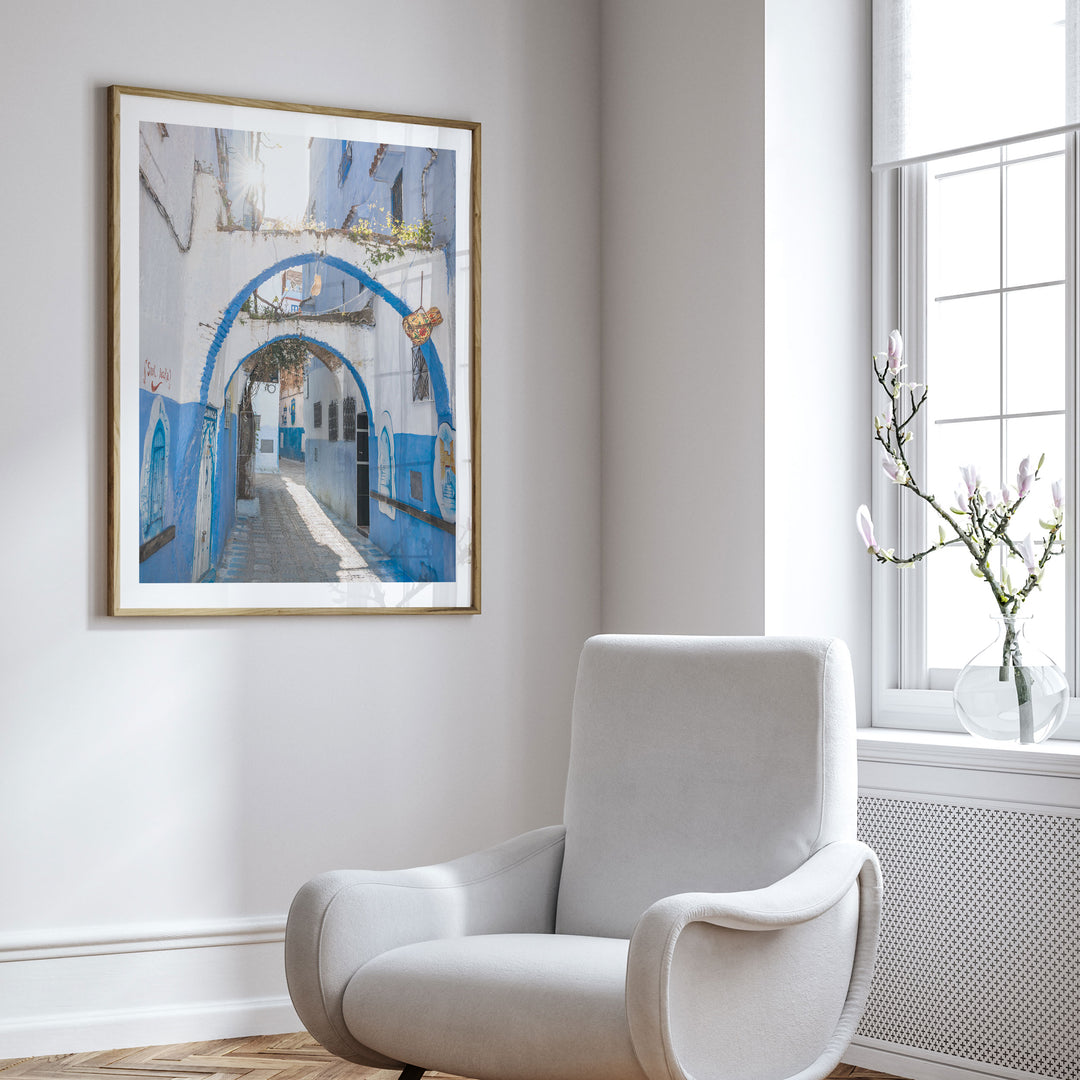 Blue Archways, Chefchaouen, Morocco framed wall art in a cozy interior