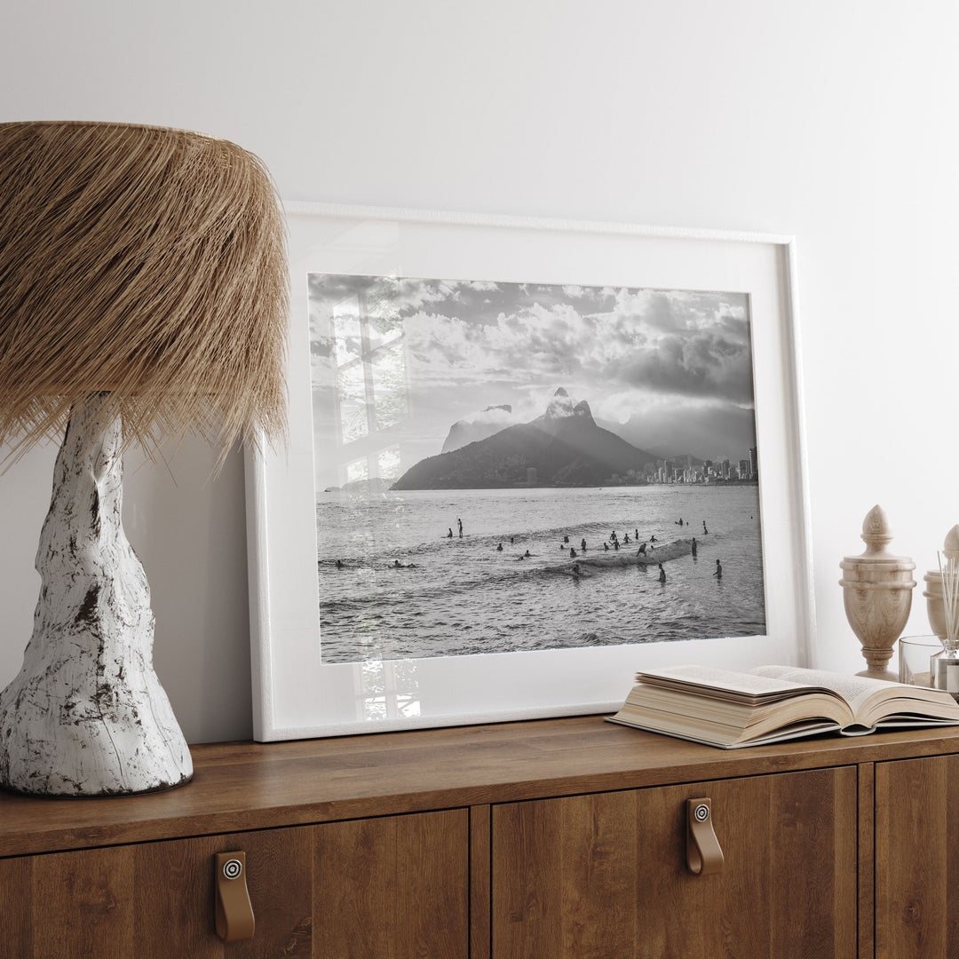 Sunlight over Ipanema, Rio de Janeiro, Brazil – B&amp;W wall art displayed in a room setting