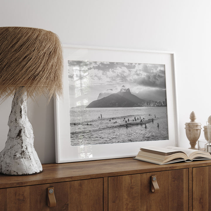 Sunlight over Ipanema, Rio de Janeiro, Brazil – B&amp;W wall art displayed in a room setting