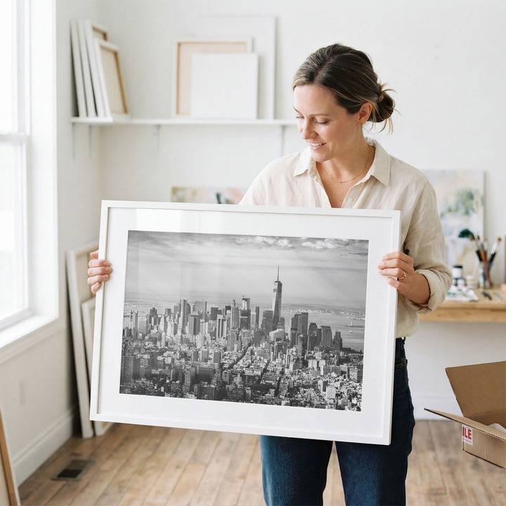 Manhattan Skyline from Above, New York City – B&amp;W wall art in a contemporary home