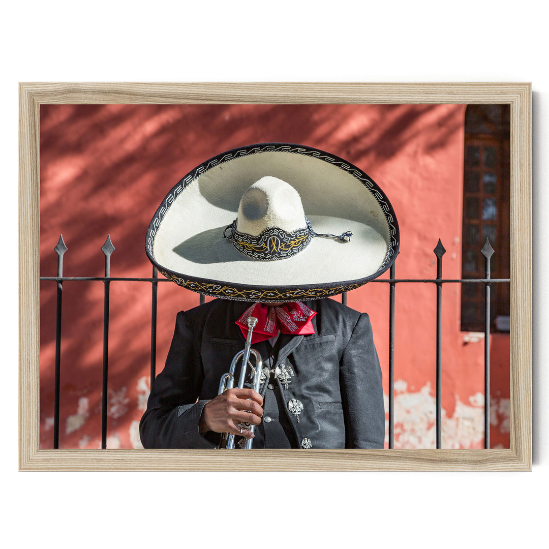 Mexican charro print in a natural wood frame, no mat