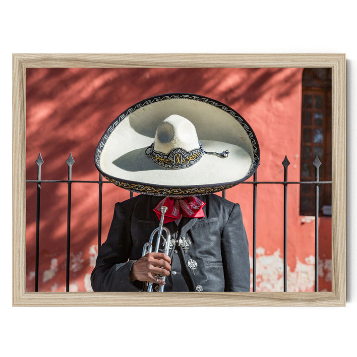 Mexican charro print in a natural wood frame, no mat