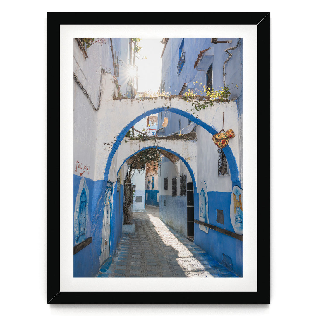 Blue Archways, Chefchaouen, Morocco print in a black frame with white mat