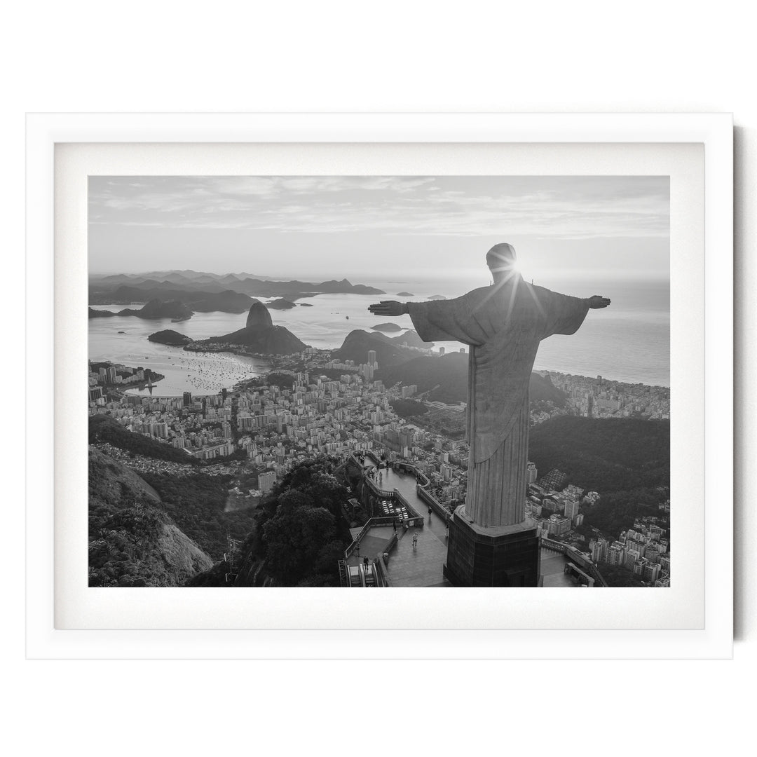 Christ the Redeemer, Rio de Janeiro, Brazil – B&amp;W print in a white frame with white mat