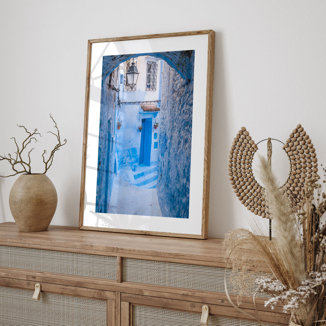 Blue Alley with Lantern, Chefchaouen, Morocco framed print styled on the wall