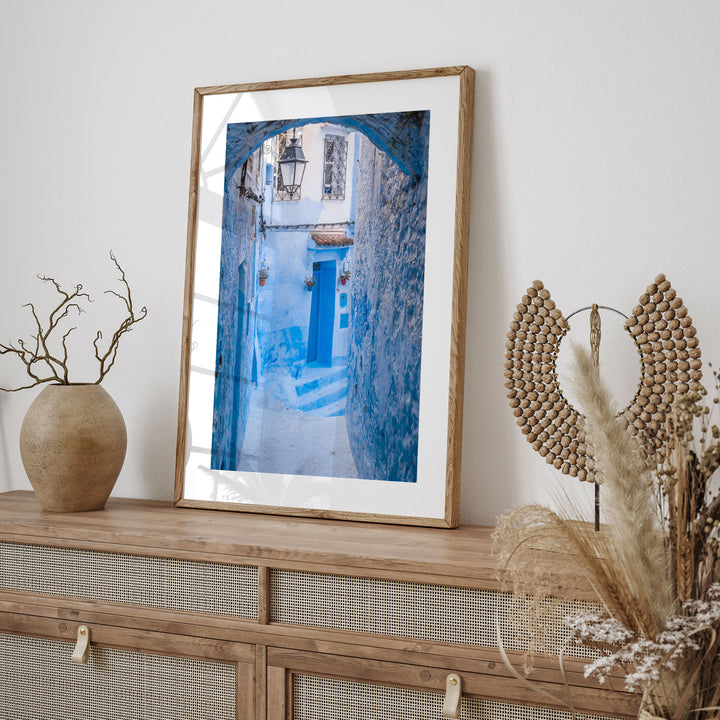 Blue Alley with Lantern, Chefchaouen, Morocco framed print styled on the wall