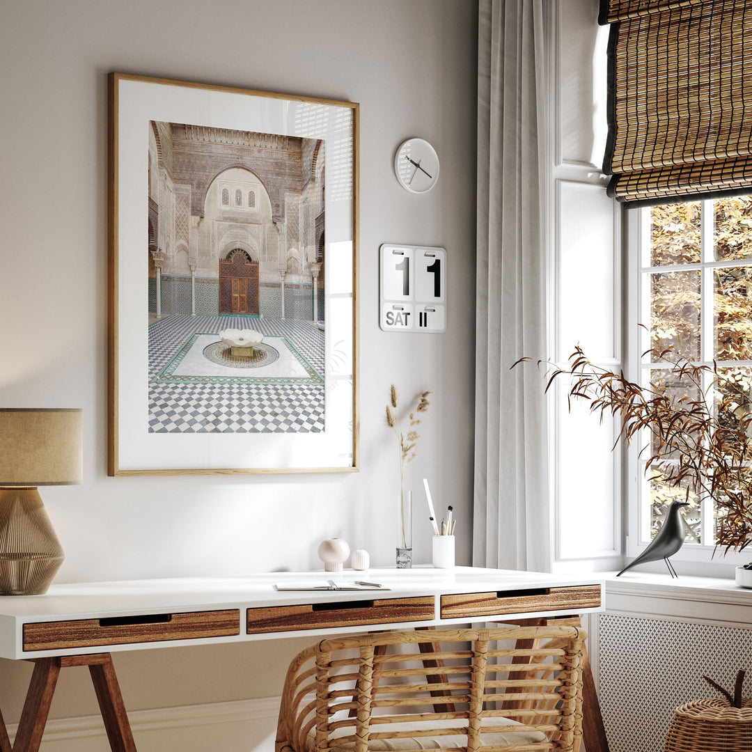 Madrasa Courtyard, Fes, Morocco framed print hanging in a styled interior