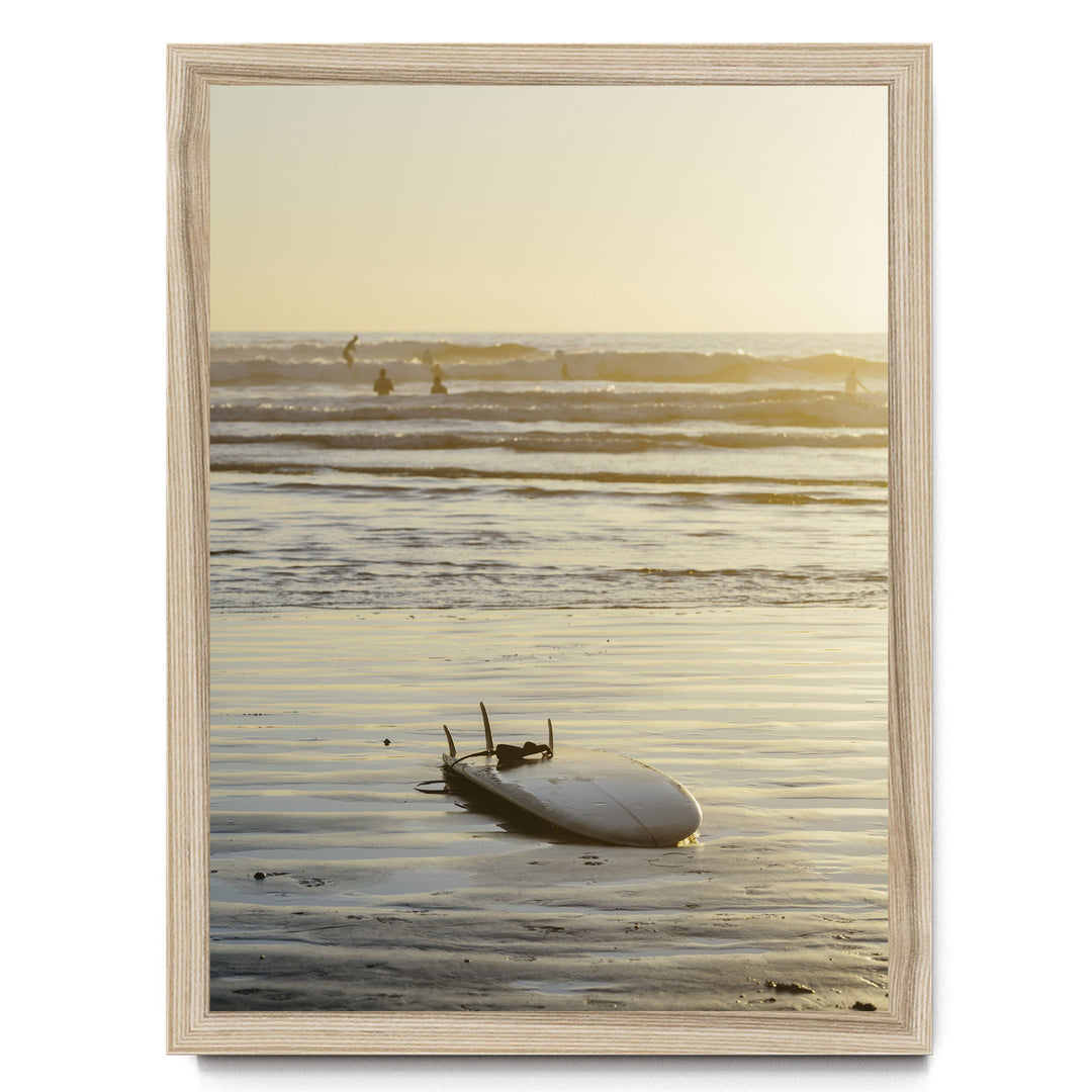 Surfboard at Sunset, Costa Rica print in a natural wood frame without mat