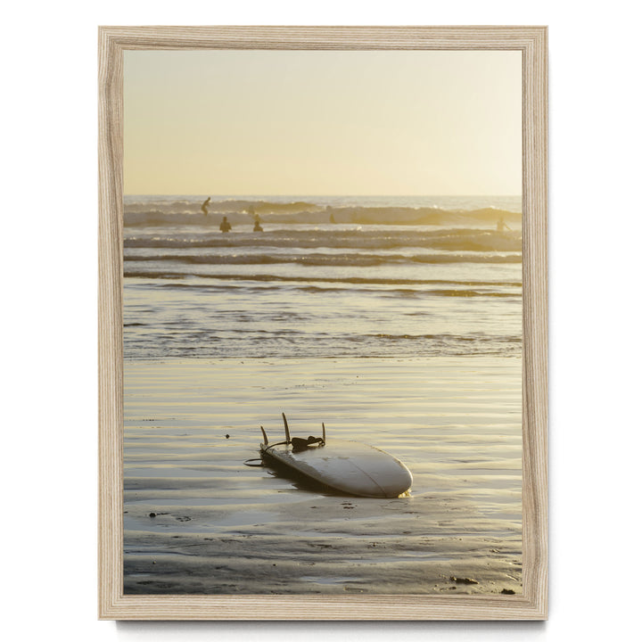 Surfboard at Sunset, Costa Rica print in a natural wood frame without mat