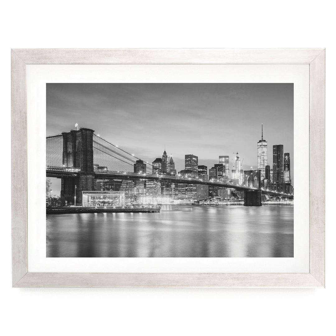 Brooklyn Bridge and Skyline at Dusk, New York City – B&amp;W print in a silver frame with white mat