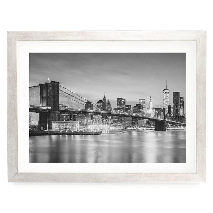 Brooklyn Bridge and Skyline at Dusk, New York City – B&amp;W print in a silver frame with white mat