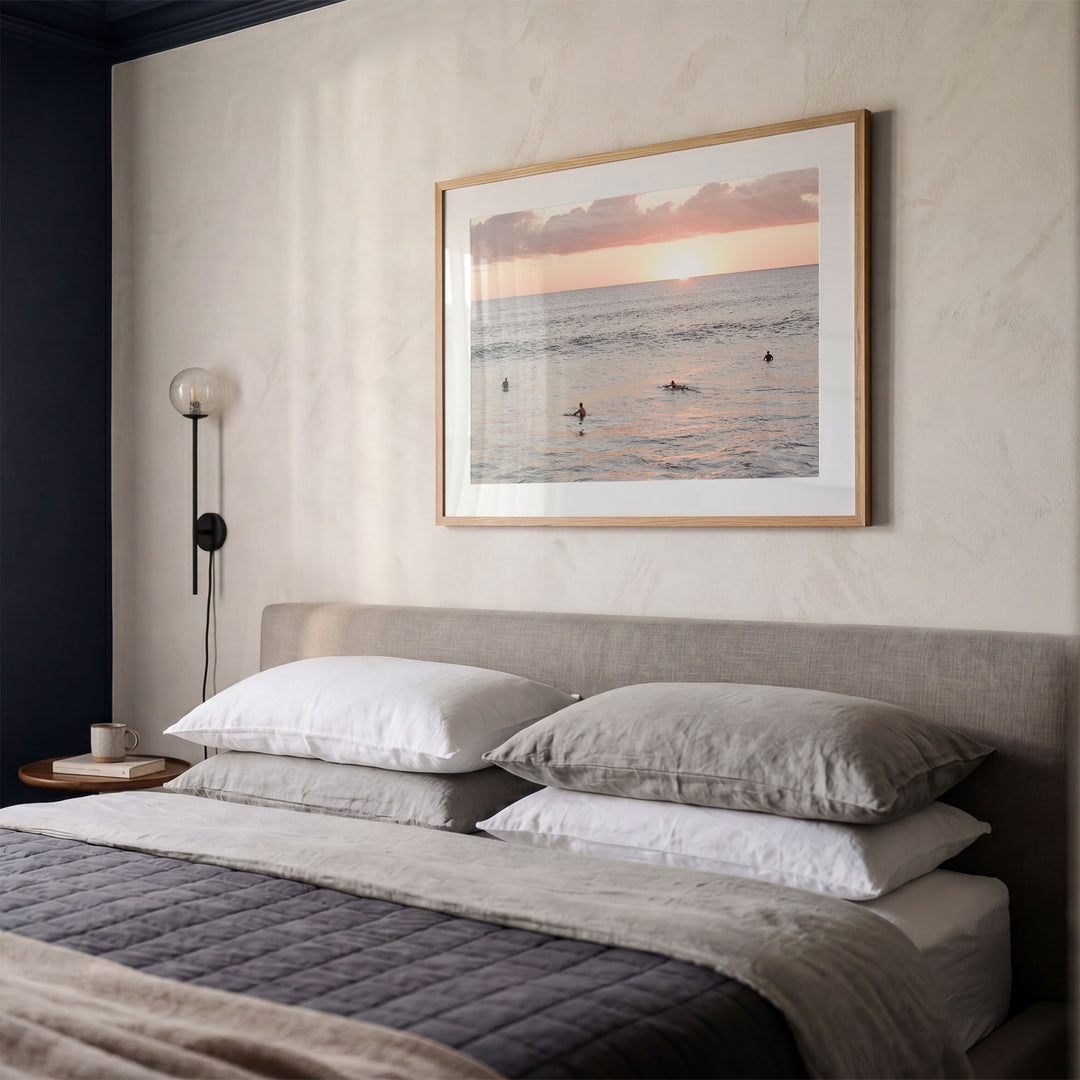 Surfers Waiting at Sunset, Costa Rica framed print styled on the wall