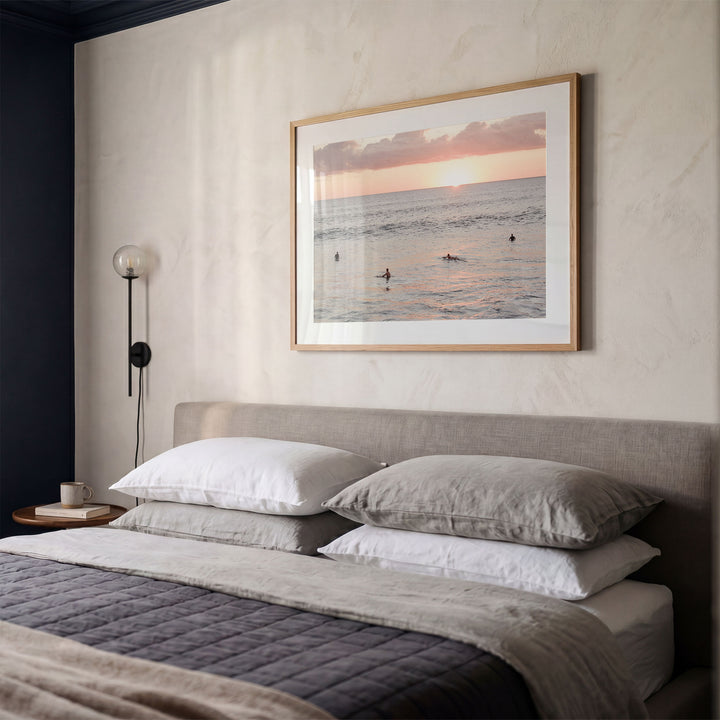 Surfers Waiting at Sunset, Costa Rica framed print styled on the wall