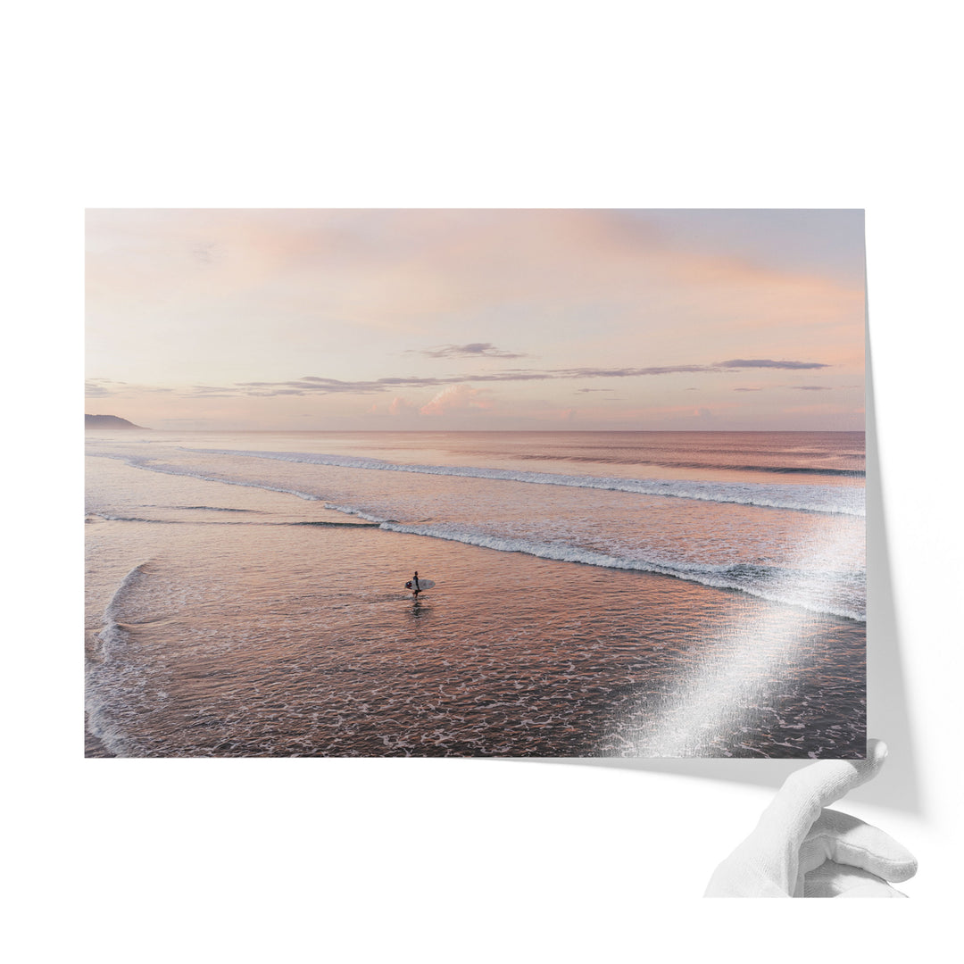 Lone Surfer on a Pink Beach II, Costa Rica unframed print on lustre photo paper