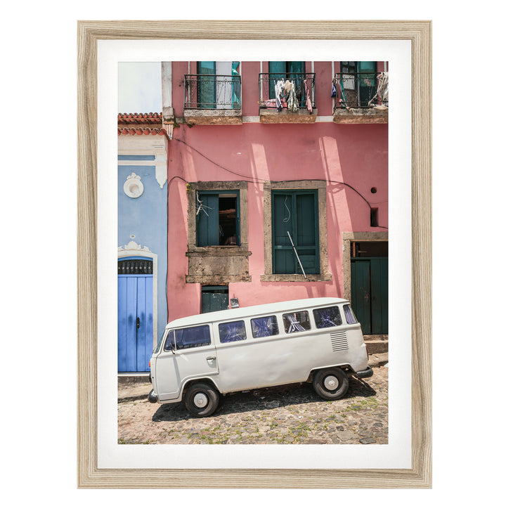 White Kombi Van, Pelourinho, Salvador, Brazil fine art print in a natural wood frame with white mat