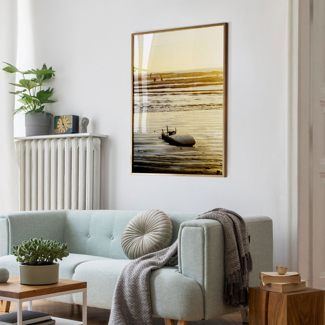 Surfboard at Sunset, Costa Rica wall art mockup in an interior