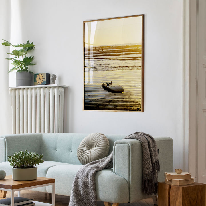 Surfboard at Sunset, Costa Rica wall art mockup in an interior