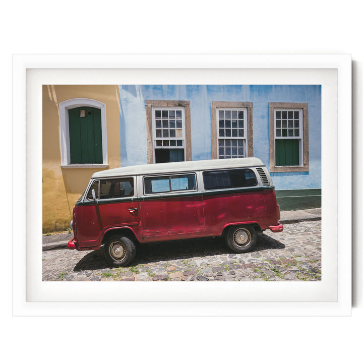 Red Kombi Van, Pelourinho, Salvador, Brazil print in a white frame with white mat
