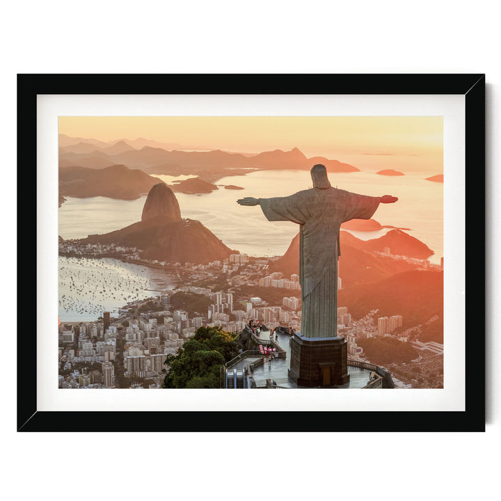 Christ the Redeemer at Golden Hour, Rio de Janeiro, Brazil print in a black frame with white mat