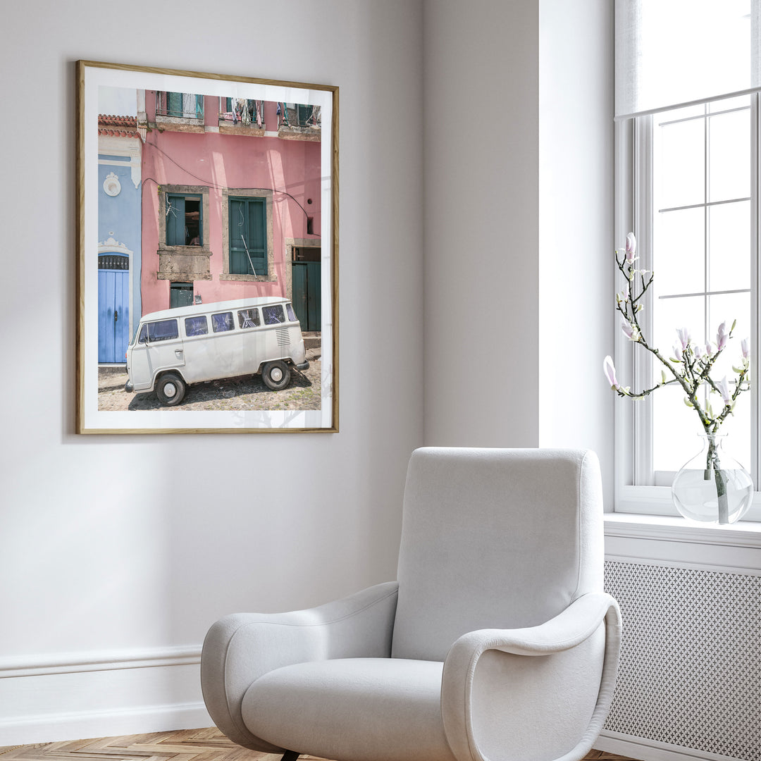 White Kombi Van, Pelourinho, Salvador, Brazil framed wall art in a cozy interior