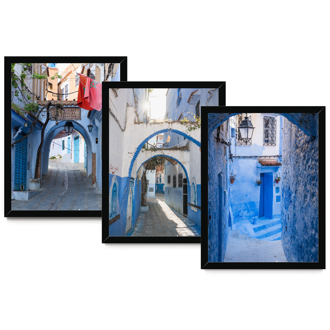 Blue City of Chefchaouen, Morocco print set of 3 in black frames without mat