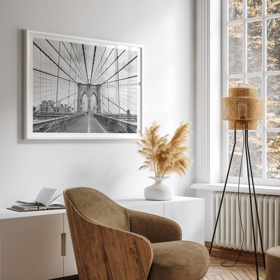Brooklyn Bridge Walkway, New York City – B&amp;W wall art displayed in a room setting