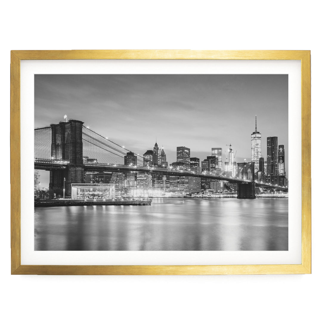 Brooklyn Bridge and Skyline at Dusk, New York City – B&amp;W print in a gold frame with white mat